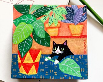 Original Painting Tuxedo Cat and Plants mini acrylic painting on wood one of a kind hand painted modern cat lady folk art by TASCHA 5x5