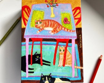 Original Cats around the kitchen table painting orange black and spotted cats fun pet portrait naive folk art painting by TASCHA