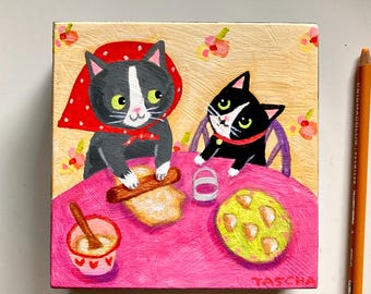 Original painting grandma kitty and grand cat make perogies cat folk art handmade acrylic painting by TASCHA 5x5