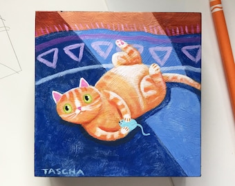Original orange tabby cat in sunshine with toy mouse painting naive folk art cat pet portrait chunky kitty kawaii cute acrylic paint TASCHA