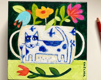 Original Cat Painting: Folk Art blue and white vase with flowers Acrylic on wood panel 6x6 by TASCHA