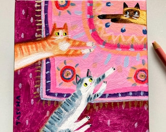 Original Cat Painting: multi cat household cats on a rug Naive Folk Art, Acrylic on Wood by TASCHA 5x5