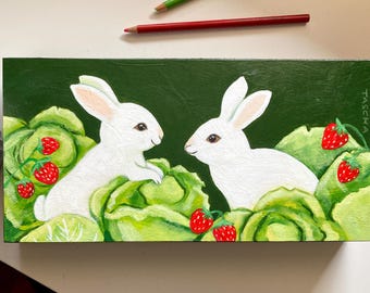 Bunny Rabbit Acrylic Painting on Wood, Whimsical Folk Art (12x6)