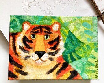 Original Tiger painting Big Cat striped jungle cat hand painted acrylic on wood wall art one of a kind by TASCHA 7x5