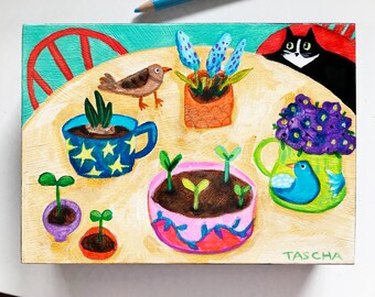 Original Tuxedo Cat with seedlings painting cute naive cat folk art plant lady gardener black cat bird painting by TASCHA 7x5