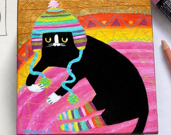 Original Tuxedo Cat in Knit Toque and Socks painting cute pet portrait knitting black cat acrylic painting naive folk art by TASCHA 5x5