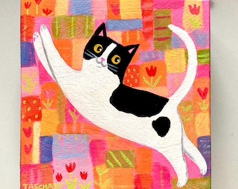 Original Cat Painting: tuxedo cat on quilt Naive Folk Art, Acrylic on Wood by TASCHA