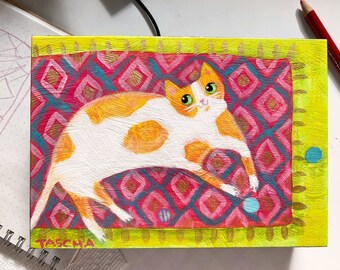 Original Marmalade cat on diamond patterned rug painting cute white and orange calico cat naive folk art acrylic on wood by TASCHA 7x5