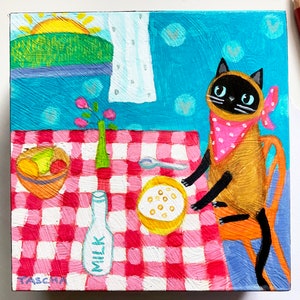 Original Siamese cat at breakfast table painting cute naive cat folk art first day of school seal point kitty small artwork by TASCHA 5x5 image 1