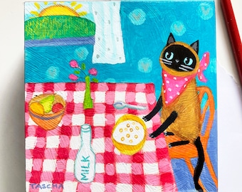 Original Siamese cat at breakfast table painting cute naive cat folk art first day of school seal point kitty small artwork by TASCHA 5x5