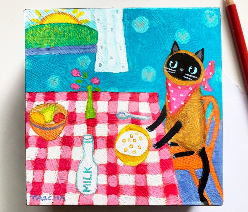 Original Siamese cat at breakfast table painting cute naive cat folk art first day of school seal point kitty small artwork by TASCHA 5x5 image 1