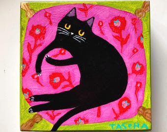 Original Cat Painting: Black Cat on a hot pink floral pillow Pet Portrait Acrylic on wood panel 5x5 by TASCHA