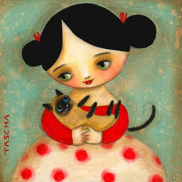 SIAMESE  cat with girl PRINT of an original painting by tascha 6x6