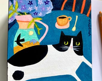 Original Cat Painting: Hydrangeas, Naive Folk Art, Acrylic on Wood by TASCHA