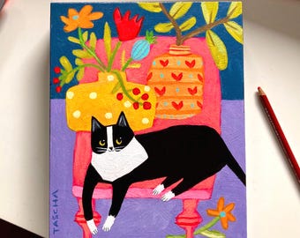 Tuxedo Cat Painting, Naive Folk Art Acrylic Pet Portrait (8x10)