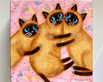 Original Cat Painting: Three seal point siamese cats on a quilt Naive Folk Art, Acrylic on Wood by TASCHA 5x5