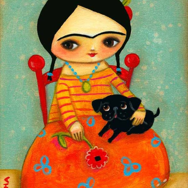 Frida Kahlo with Black Pug DOG sweet PRINT of original painting by tascha