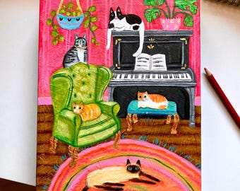 Original Living Room Cats with Upright Piano painting colorful naive folk art pet portrait acrylic painting on wood panel by TASCHA 8x10