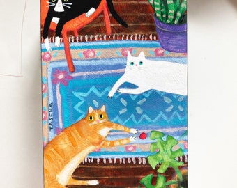 Original cats on a blue rug painting tuxedo cat white and orange kitties cute naive boho chic cat folk art by TASCHA 5x7 pet portrait