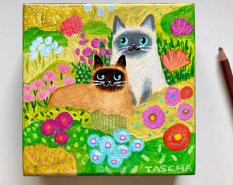 Original Cat Painting: Seal point and Blue point siamese cats in a flower field Naive Folk Art, Acrylic on Wood by TASCHA 5x5