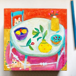 Pintura de gatos atigrados naranjas, arte popular, acrílico sobre panel de madera