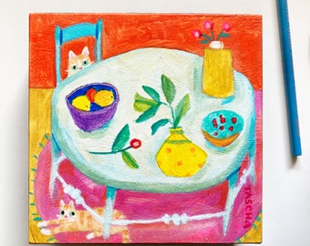 Original Orange tabby cats at table painting acrylic on wood panel modern folk art naive cat artwork small ginger cats painting by TASCHA