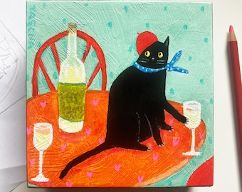 Original Cat says NO to Pino Grigio painting acrylic on wood black cat knocks wine off table folk art naive art painting by TASCHA