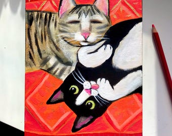 Original Cat Painting: Tuxedo & Tabby Best Friends Acrylic Art (8x6)