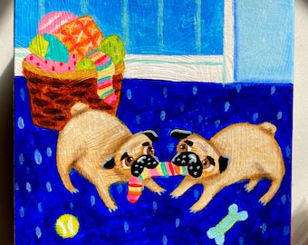 Original fawn pug puppy dogs playing tug of war with sock small dog pet portrait acrylic on wood by TASCHA 5x5