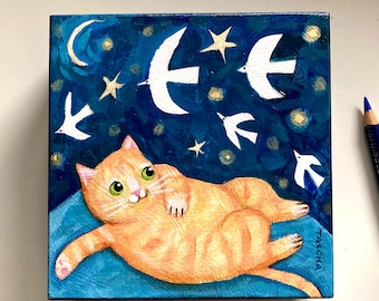 Orange Cat Stargazing Painting: Naive Folk Art Pet Portrait