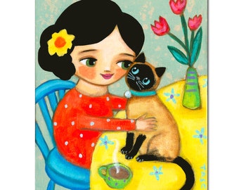 Original Siamese Cat Snuggles Painting cute seal point with girl in kitchen naive folk art hand painted original by TASCHA 6x8