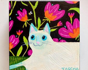 Original Cat Painting: Blue Point Siamese Cat with flowers Acrylic on Wood by TASCHA 5x5