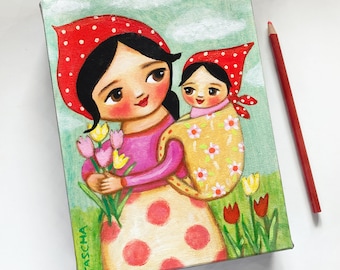 Original Mama and Baby painting cute Babushka girl one of a kind Mother's Day artwork New Mom nursery folk art painting by TASCHA 8x6
