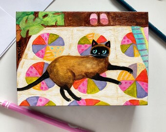 Original Siamese Cat on patchwork quilt painting cute naive folk art pet portrait blue eyed quilter cat by TASCHA 7x5