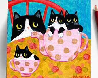 Original Painting Tuxedo Cat Mama and Kittens Tea Party naive folk art tea set black and white cats small cute art by TASCHA