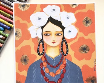 PRINT Woman with White flowers in hair paper print small female artist modern bohemian peach and navy boho art figure painting by TASCHA