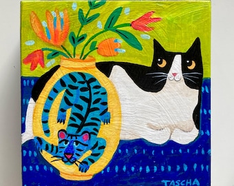 Original Cat Painting: Folk Art Tuxedo Cat with Blue Tiger Vase Pet Portrait Acrylic on wood panel 5x5 by TASCHA