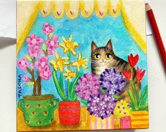 Original Striped Tabby Cat with flowers painting cute little naive folk art hand painted acrylic painting on wood by TASCHA cat artist