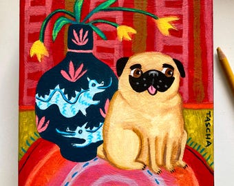 Original Pug Dog Painting: Fawn Pug with Dragon Vase Folk Art Acrylic on wood panel 6x6 by TASCHA