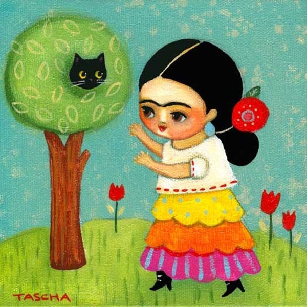 FRIDA kahlo rescues cat from tree PRINT from original painting by tascha