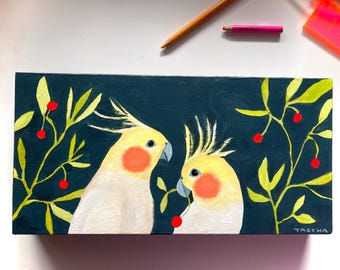 Cockatiels Acrylic Painting on Wood: Folk Art Bird Portrait