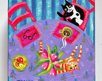 Original Cat Painting: Folk Art cats at dining table cute kitchen cat Acrylic on wood panel 6x6 by TASCHA