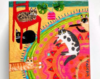 Original multi cats painting: cats in the living room seal point, orange, black, torti cats Naive Folk Art, Acrylic on Wood by TASCHA 5x5