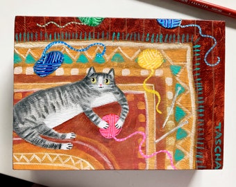 Original gray striped cat got knitting supplies painting funny cat art small acrylic painting on wood cat and yarn  pet portrait by TASCHA