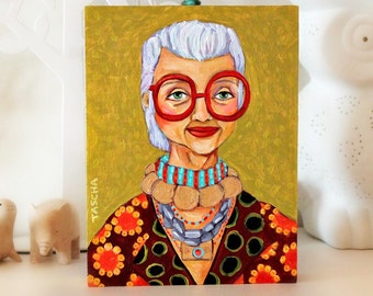 ORIGINAL acrylic portrait painting of IRIS APFEL fashion icon by artist Tascha