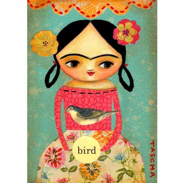 Frida Kahlo bird ORIGINAL CANVAS PAINTING collage mixed media one of a kind by tascha