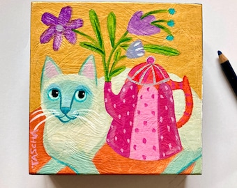 Original Cat Painting: Blue Point Siamese Cat with teapot vase Acrylic on Wood by TASCHA 5x5