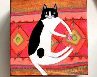 Original Cat Painting: Folk Art Black and White cat on rug Acrylic Pet Portrait by TASCHA 5x5