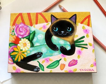 Original Siamese Cat with Bouquet of Flowers painting cute seal point Siamese silly funny cat naive folk art acrylic painting on wood TASCHA