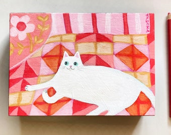 Original White Cat on pink patchwork quilt painting cute naive folk art pet portrait blue eyed cat by TASCHA 7x5